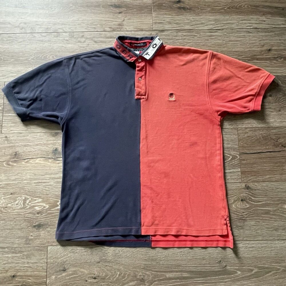 Vintage Tommy Hilfiger Two Tone Color Block Polo Shirt Large Spellout
